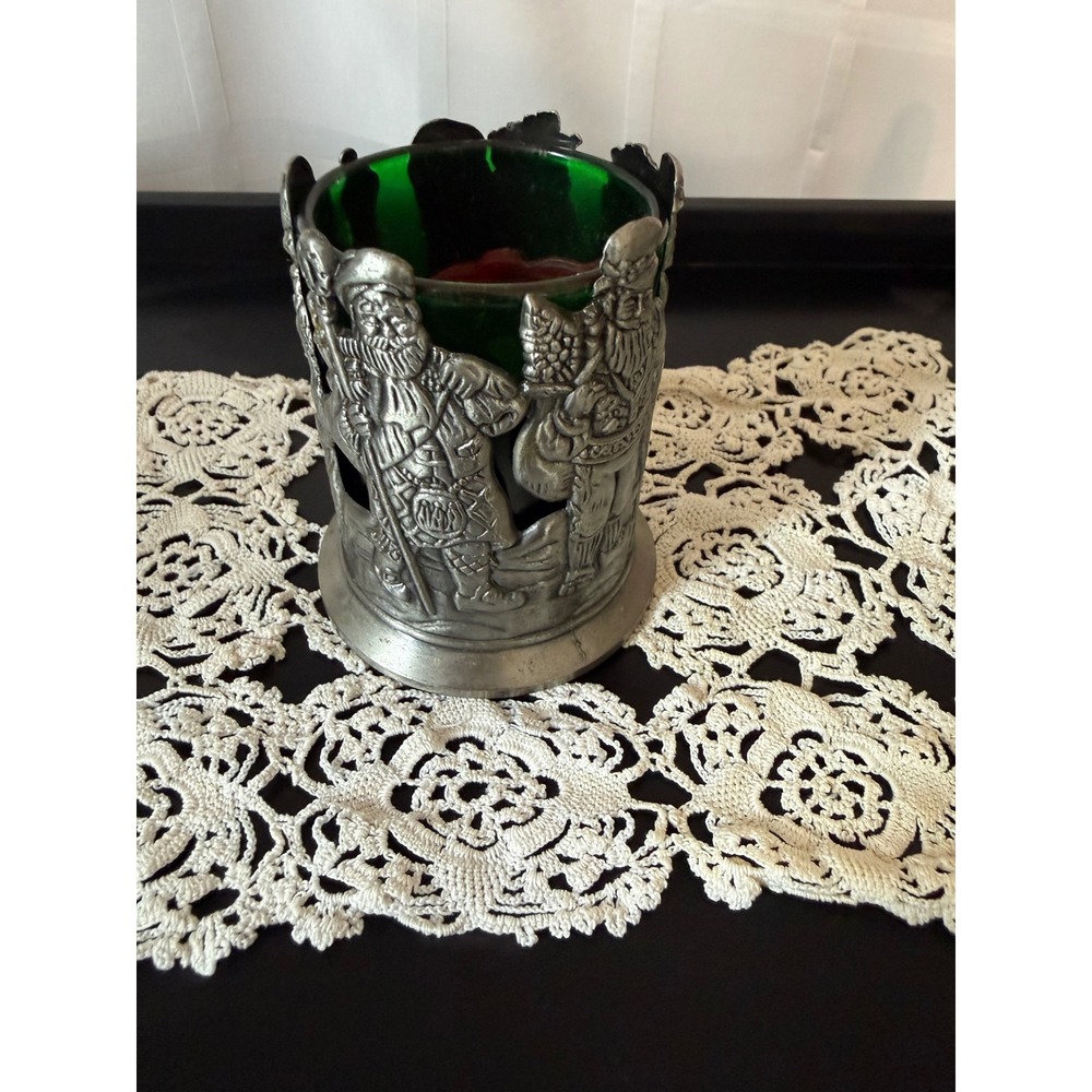 Vintage Pewter Tone Santa Claus Christmas Votive Holder Green Glass Taiwan